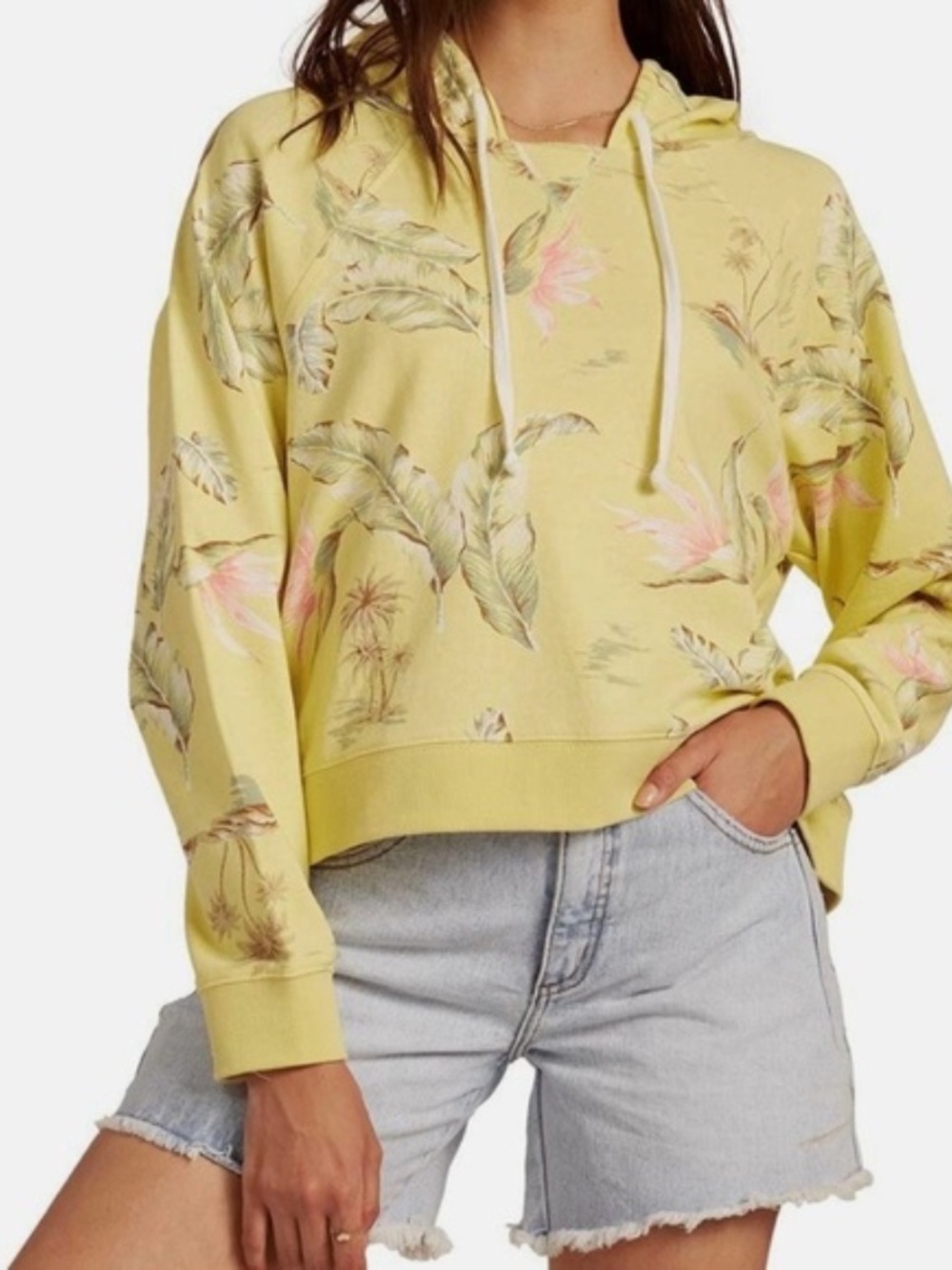 Women's Billabong Yellow Beach Hawaiian Cotton Palm Tree Hoodie Sweatshirt- SM